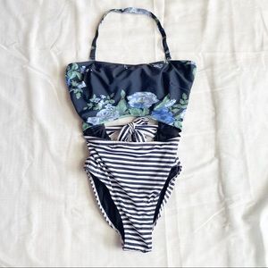 Albion One Piece Cut Out Swimsuit Floral Stripe Tie Halter Bow Medium Swim Beach